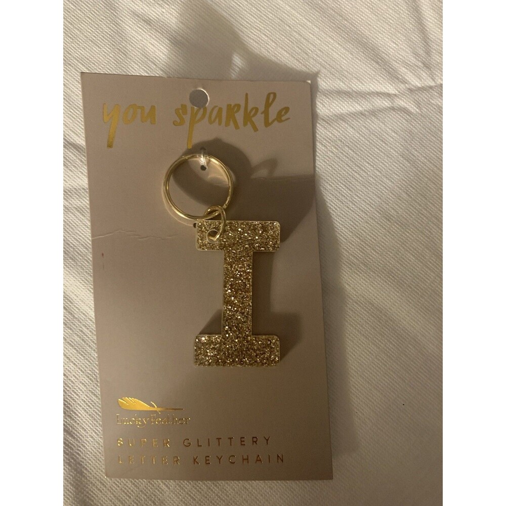 SUPER GLITTERY YOU SPARKLE LETTER I KEYCHAIN GOLD BRAND LUCKY FEATHER NWT
